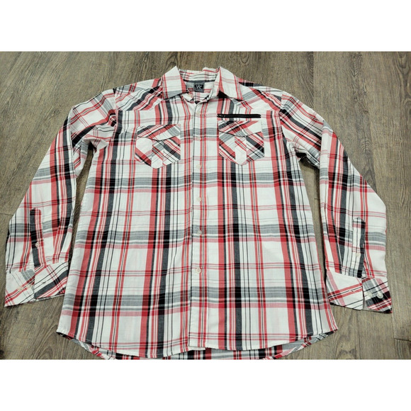AVIREX Vintage Y2K Shirt White Red Black Plaid Button-Up Long Sleeve 2000s Large - Picture 1 of 5